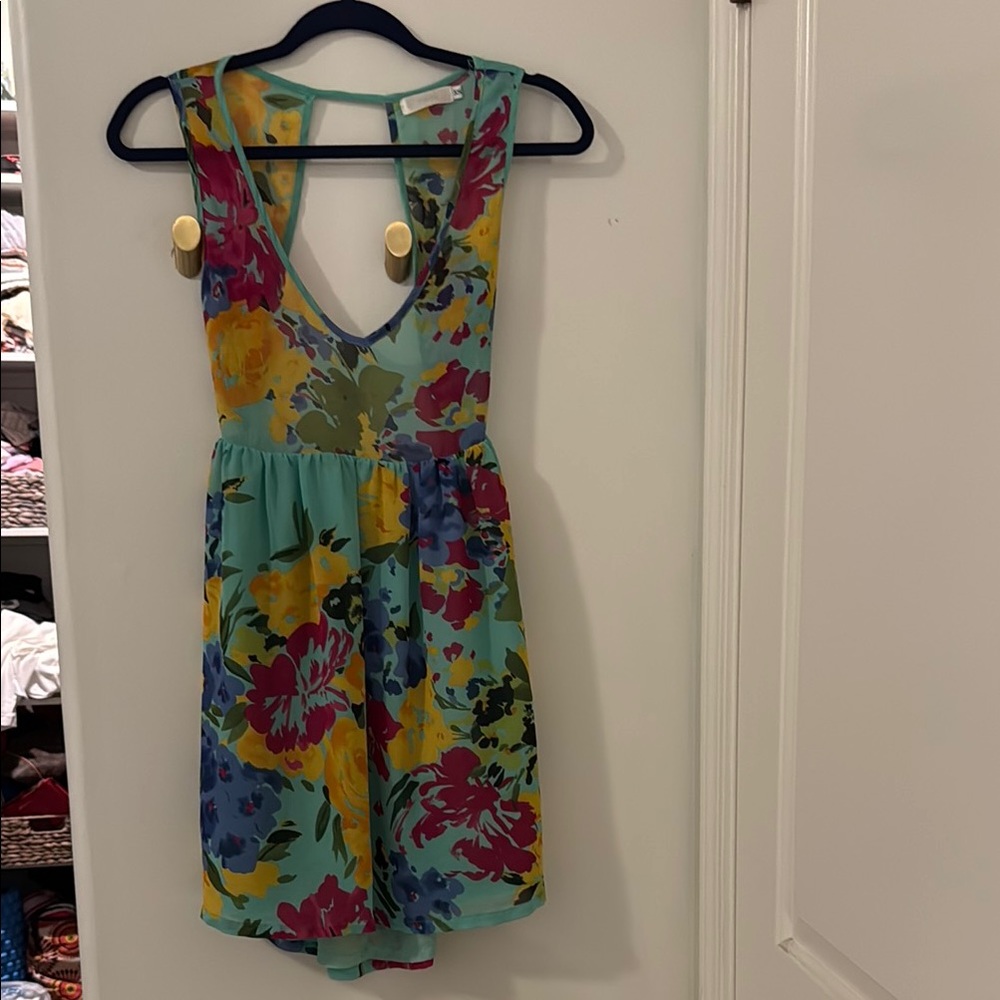 Blue and Yellow Sleeveless Plunge Sundress